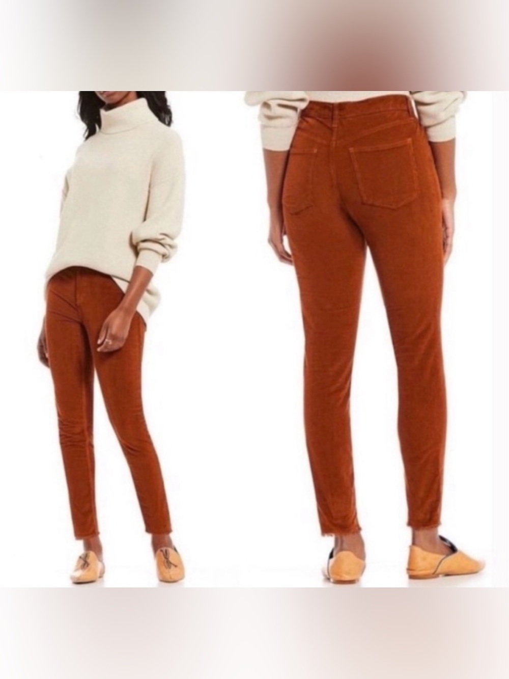 We The Free Free People High-Rise Slim Corduroy Pants Orange Rust Raw Hem 26